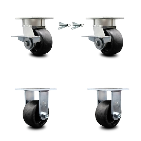 Service Caster 4 Inch Kingpinless Glass Filled Nylon Caster Brakes/Swivel Locks 2 Rigid, 2PK SCC-KP30S420-GFNR-SLB-BSL-2-R-2